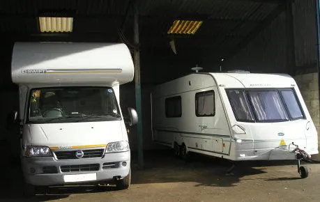 Caravans stored under cover at Luscombe Farm